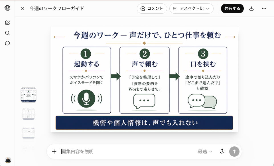 ChatGPTの画像編集画面。コメントとアスペクト比のボタンを表示