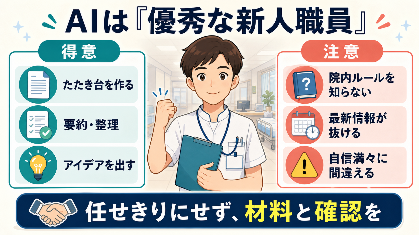 AIは優秀な新入職員。入職後の出来事やクリニック独自のルールはまだ知らない
