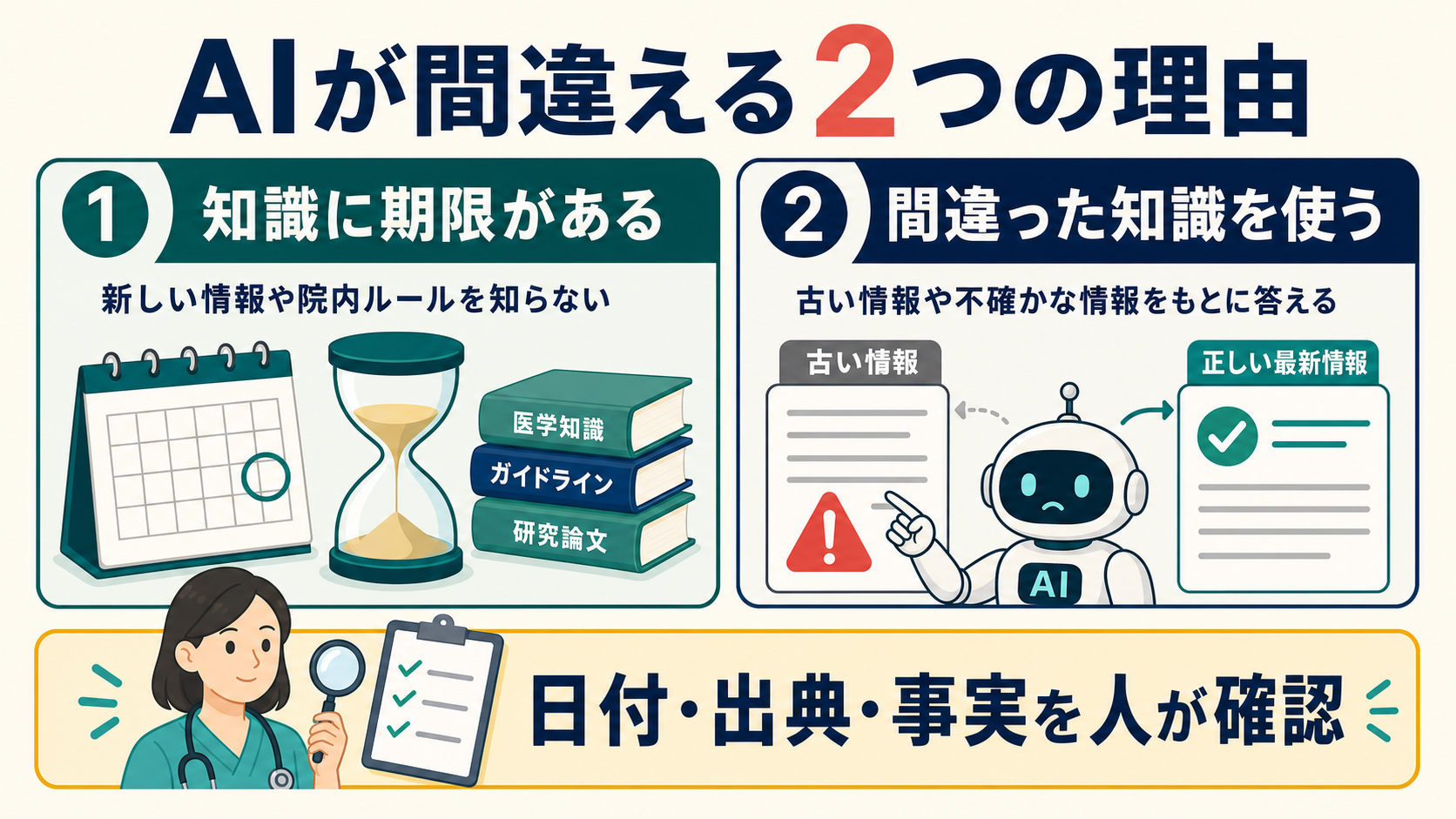 AIが間違える2つの理由。①知識に期限がある ②間違った知識を使う。日付・出典・事実を人が確認
