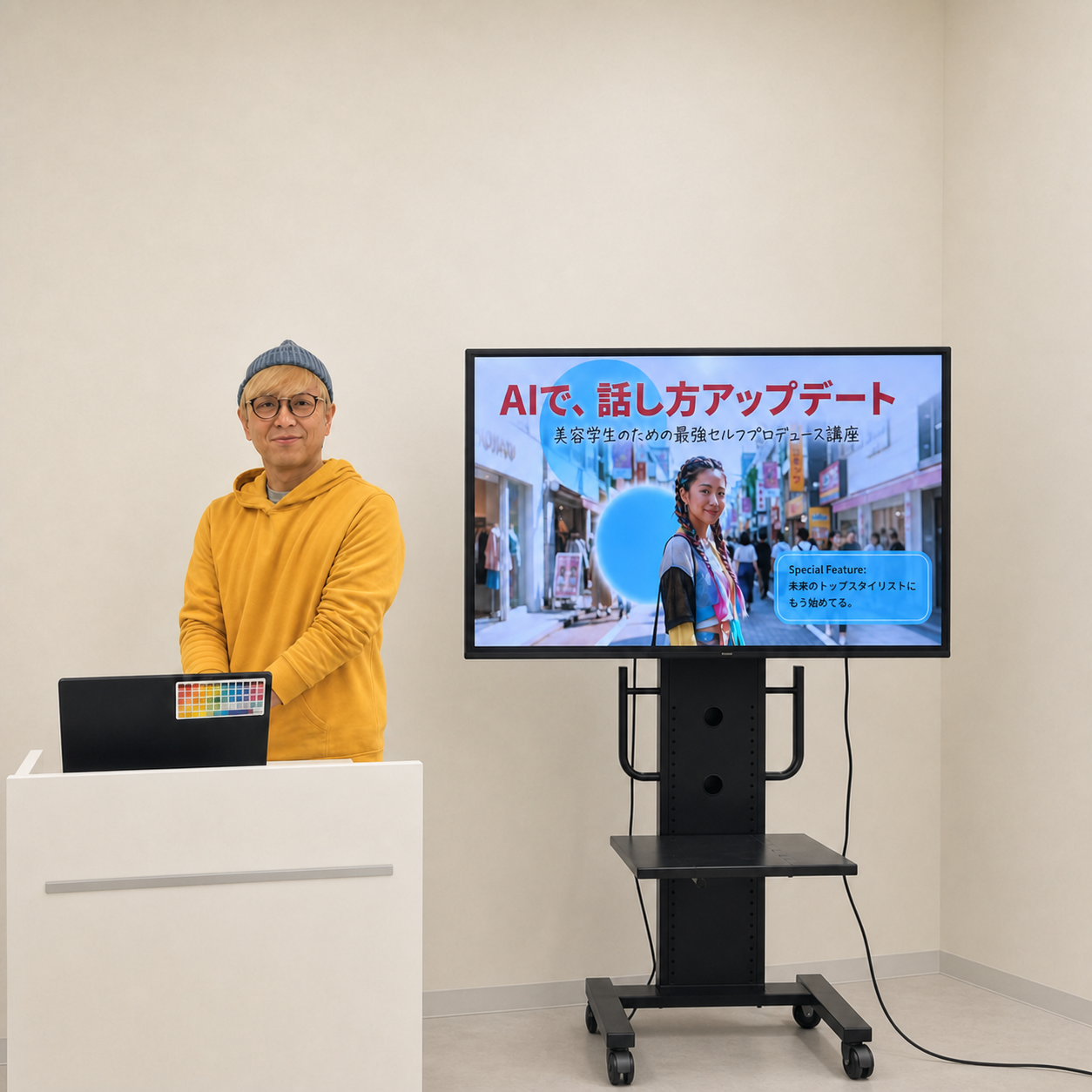 東京ベルエポック美容専門学校でAI活用について登壇する岩本