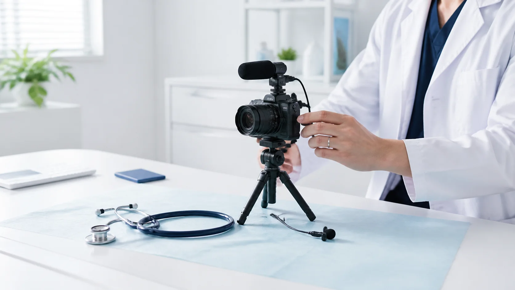 医療機関でYouTube撮影の準備をするイメージ