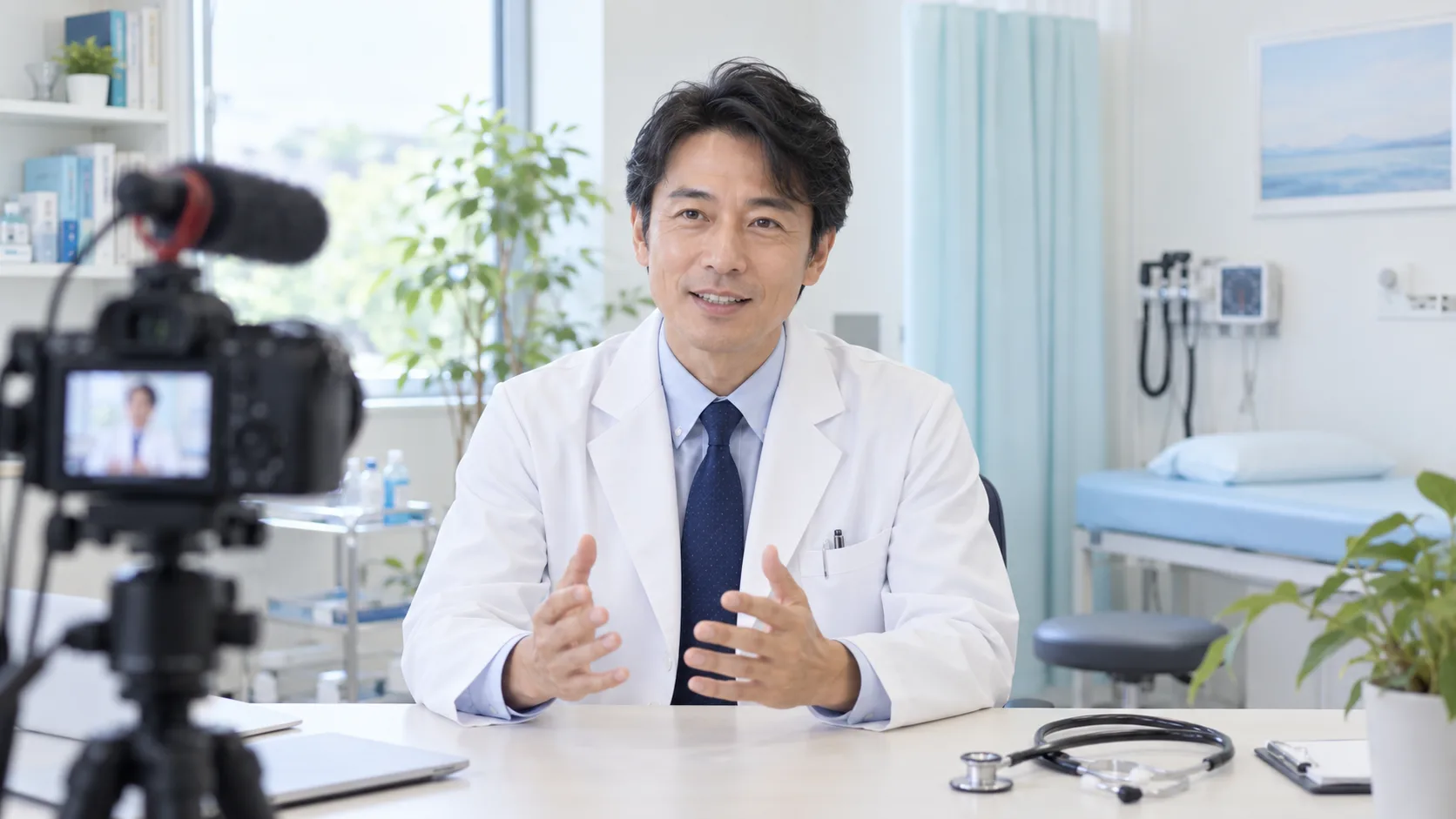 診察室でカメラに向かって話す医師のイメージ